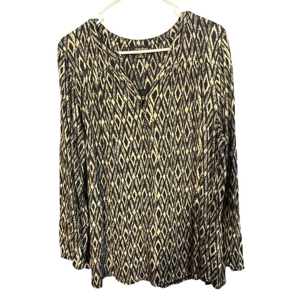 Lucky Brand Womens 2X Black & Beige Diamond Print Blouse - Picture 1 of 4
